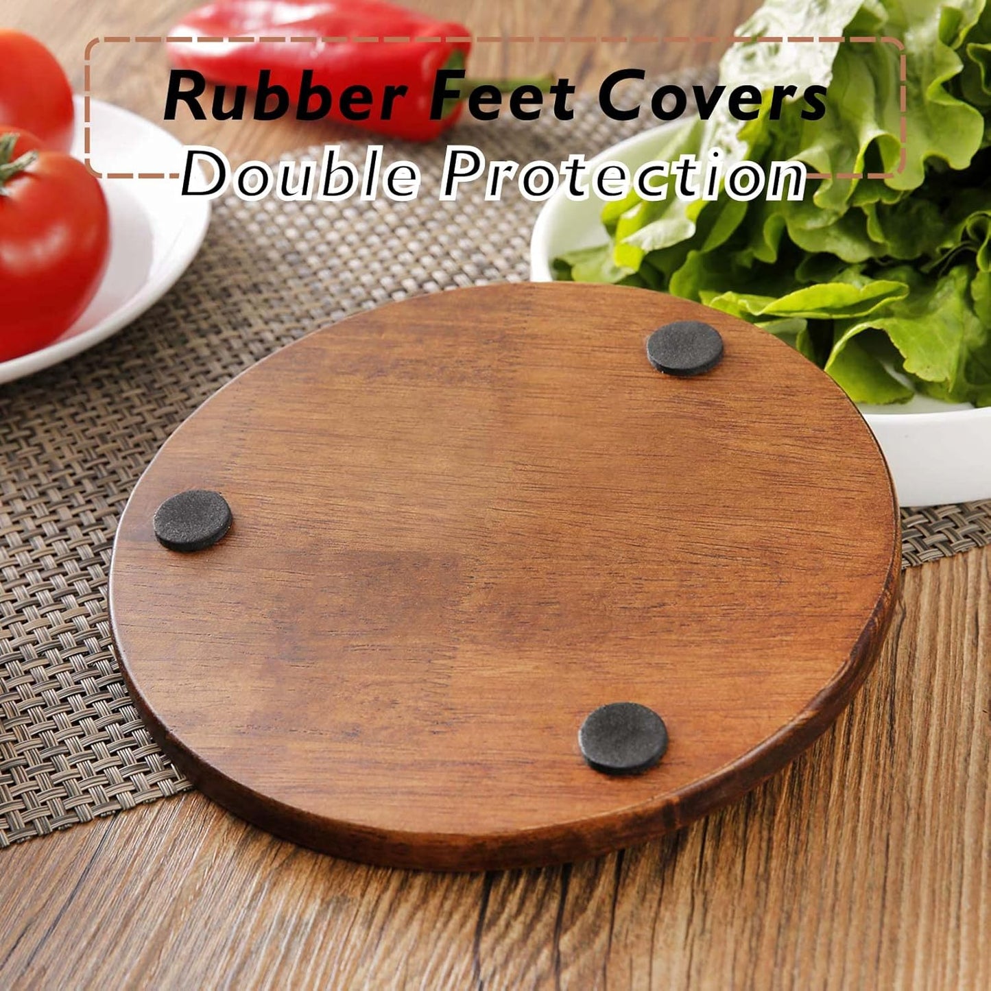 Cast Iron with Wood Trivet, Metal Trivets for Hot Dishes, Decorative 8-inch Round Kitchen Hot Pad, with Vintage Pattern for Serving Pot, Plates & Teapot on Kitchen Countertop or Dinning Table(Black)