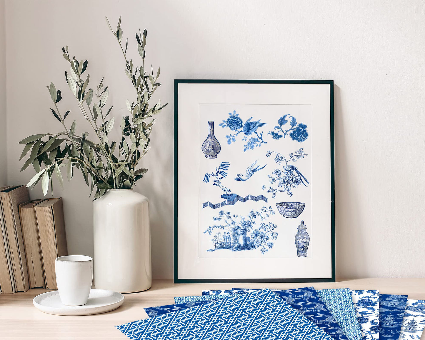 Whaline 24 Sheets Chinoiserie Pattern Paper 12 Design Blue China Scrapbook Specialty Double-Sided Collection Oriental Decorative Craft Paper for DIY Card Making Photo Album Journal Decor
