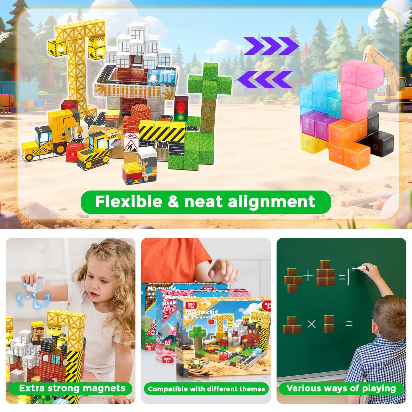 200PCS Light Up Magnetic Blocks - Magnet Building Blocks, Stacking Magent Cubes Construction Theme, STEM Montessori Sensory Educational Easter Birthday Gifts Toys for Kids Boys Girls Ages 3-12