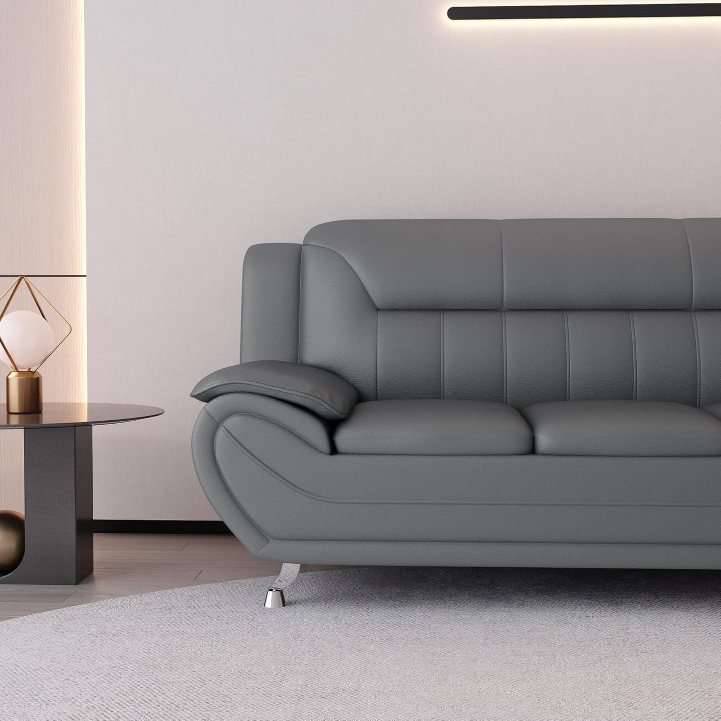 Container Furniture Direct Michael Modern Faux Leather Upholstered Stainless Steel Legs Living Room Sofa, Gray