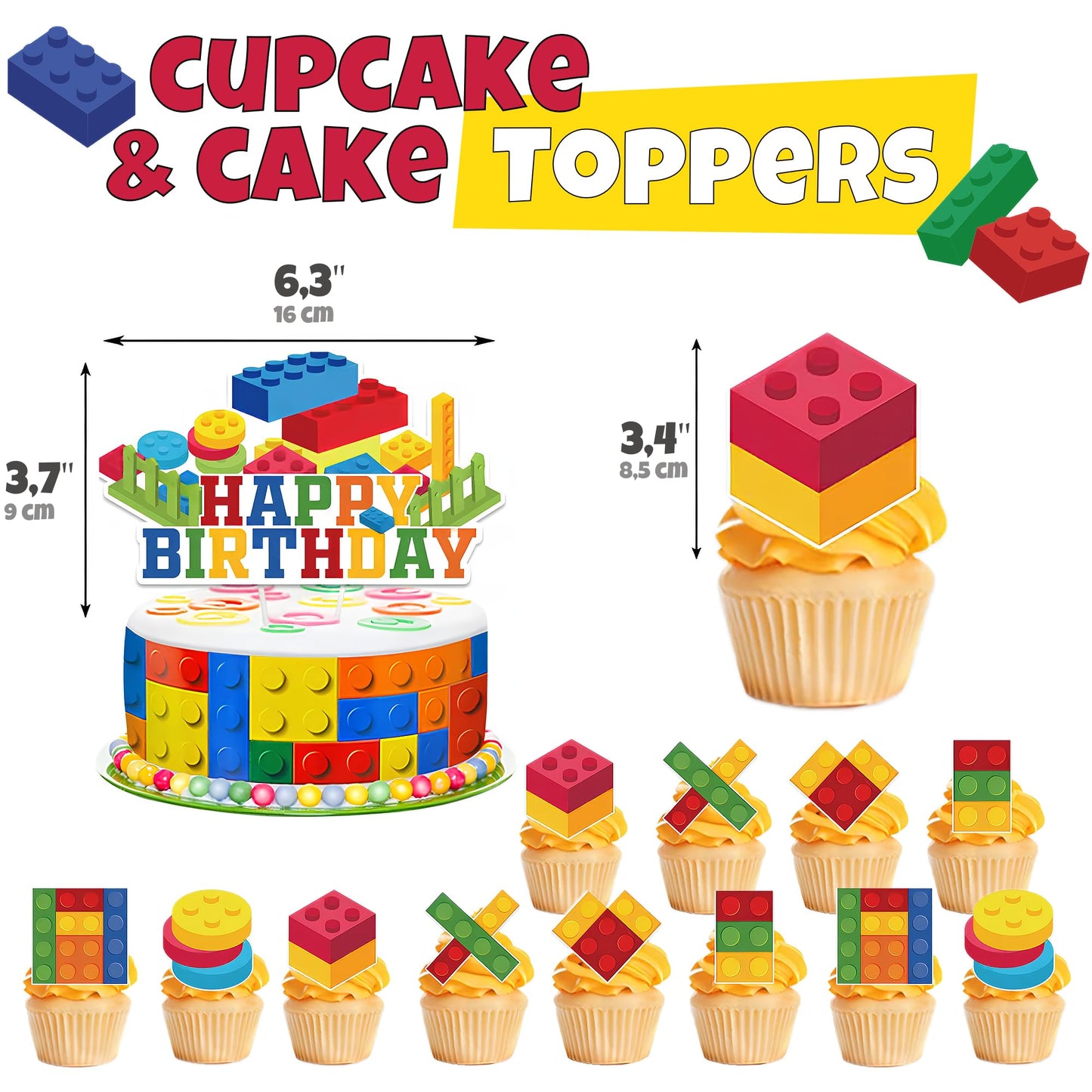 Birthday Decorations 6 Year Old Boy – 6th or 9th Birthday Decorations – Building Blocks Party Kit – Number 9 or 6 Balloons, Banner, Cupcake & Cake Toppers – Brick Theme Party Supplies for Boys 6 or 9
