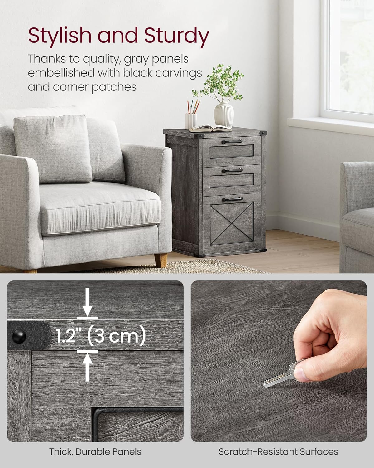 VASAGLE File Cabinet, Filing Cabinet with 3 Drawers, Printer Stand, Fit A4, Letter Size, Hanging File Folders, Modern Farmhouse Style, for Home Office, Misty Gray UOFC054G01