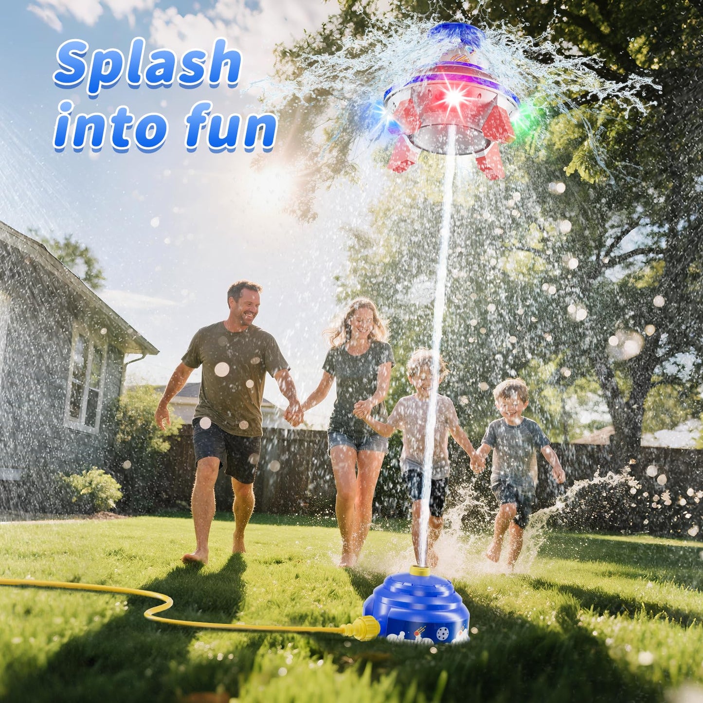 JOI MEW UFO Water Sprinkler for Kids, Water Rocket Toy Outdoor Summer Play W/Light & Spin, Adjustable Height Water Launcher, DIY Space Sticker, Backyard Lawn Gift for Girls Boys 3-12 Year Old Blue