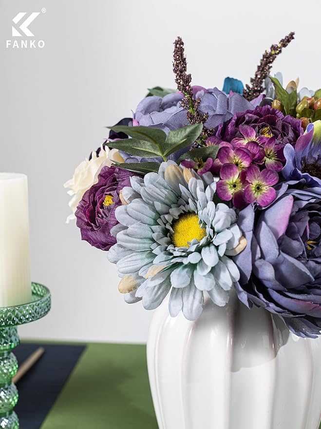 FANKO Artificial Flowers Dusty Purple Peony: Mixed Fake Silk Flowers Combo Light Brown Rose Dusty Purple & Blue Cosmos Vintage for DIY Wedding Bridal Bouquets/Centerpieces/Home Decor