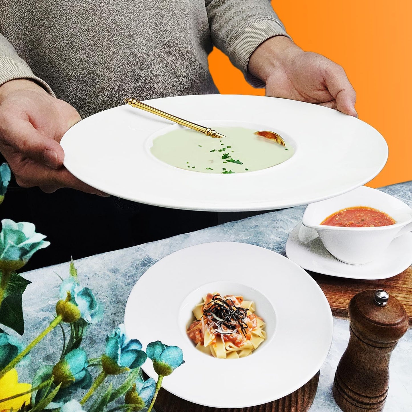 Ceramics Rimmed Soup Bowls 8.5 oz, White 10.4 inch Exquisite small soup plate Set of 4, Pasta plates With Rim is the best choice for hotels, kitchens, fine restaurants and gourmets