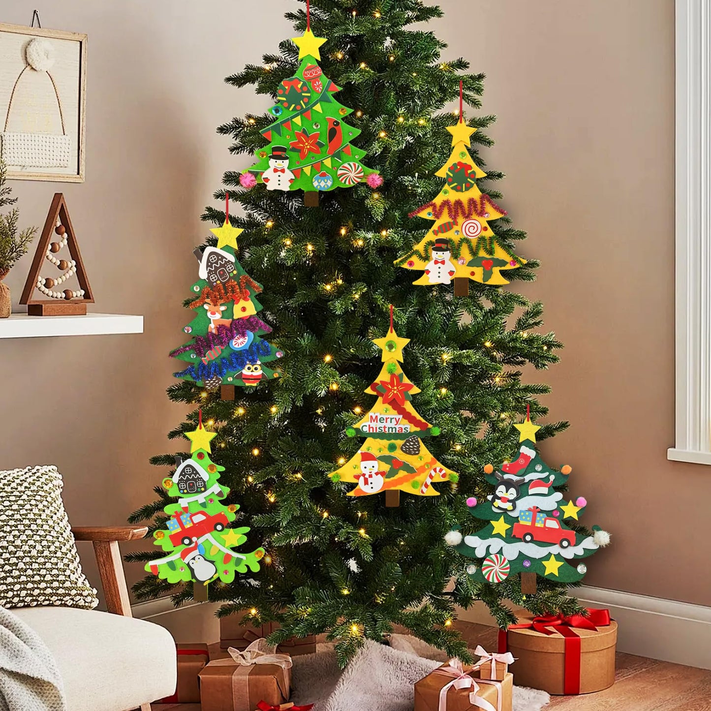Ruicnte 24 Sets Christmas Tree Ornaments Crafts Kits for Kids,DIY Winter Christmas Craft Kit Pine Tree Snowman Snowflake Penguin Foam Xmas Sticker for Kid Holiday Classroom Activities Party Favors