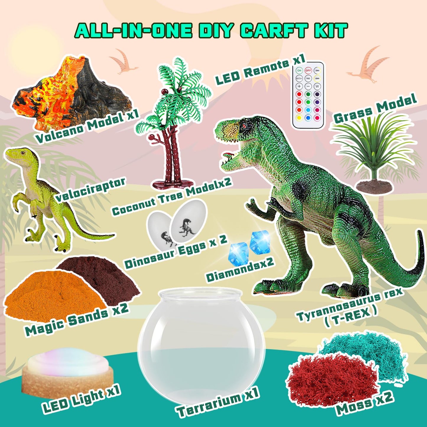 RONSTONE Dinosaur Terrarium Kit for Boys - Dinosaur Toys for Kids - DIY Your Own Light Up Terrarium Kit World - Christmas Birthday Dinosaur Gifts for Boys and Kids 5-7