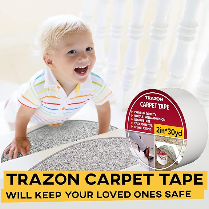 Trazon Carpet Tape Double Sided - Rug Tape Grippers for Hardwood Floors and Area Rugs - Carpet Binding Tape Strong Adhesive and Removable, Heavy Duty Stickers Tape, Residue Free (2 Inch / 30 Yards)