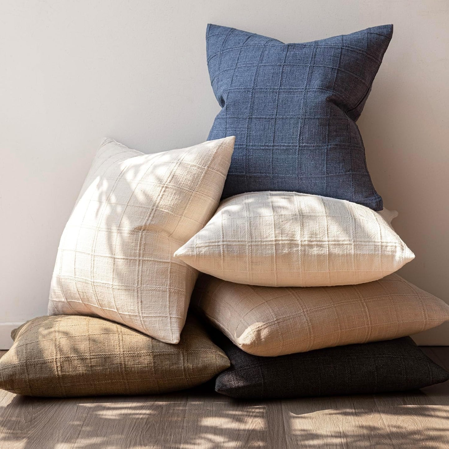 Foindtower Set of 2 Decorative Linen Check Throw Pillow Covers Neutral Farmhouse Vintage Cushion Covers Modern Boho Home Decor for Sofa Chair Couch Bedroom Living Room Outdoor,20×20 Inch,Charcoal