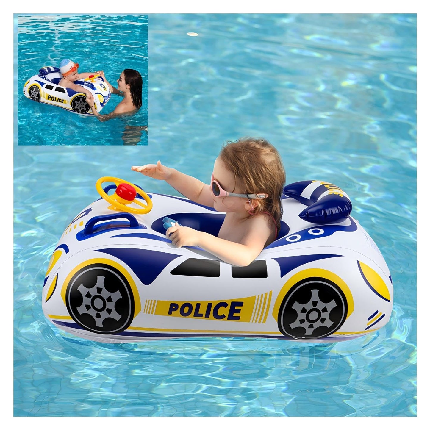 Police Car Toddler Pool Float, Inflatable Baby Pool Floaties, Baby Swim Floats with Handle and Safety Seat Pool Floatie Toys for Boys Girls Kids 1, 2, 3, 4, 5 Years Old (Blue Yellow)