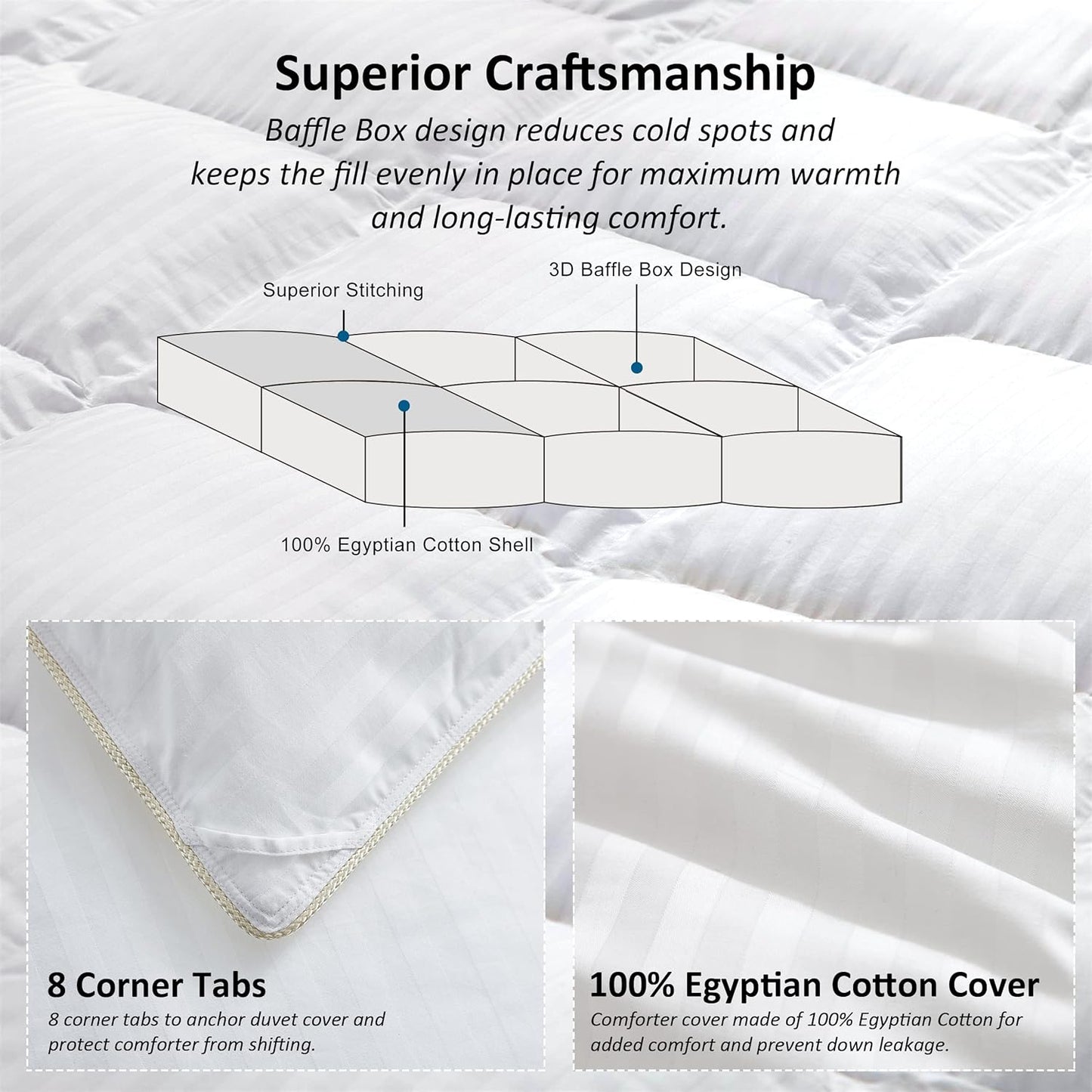 Luxurious All-Season Goose Down Feather Fiber Comforter Duvet Insert, Exquisite California King White Stripe Design, Premium Baffle Box, 100% Cotton Down Proof Fabric, 75 oz. Fill Weight