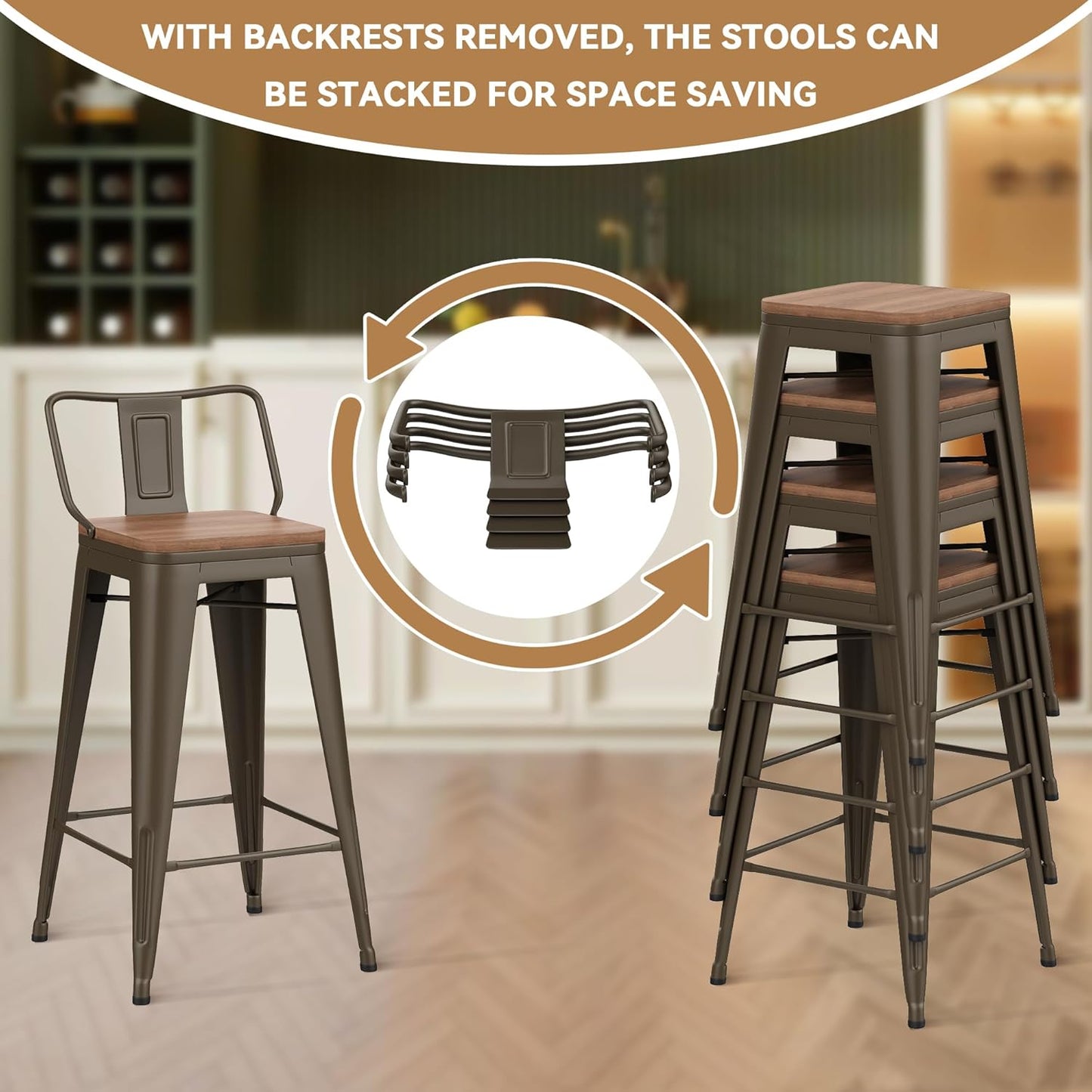 26 Inch Swivel Bar Stools Set of 4 with Backs Counter Height Industrial Metal Barstools Island Bar Chairs for Home Kitchen Dining Room (Swivel 26 inch,Rusty Wooden)