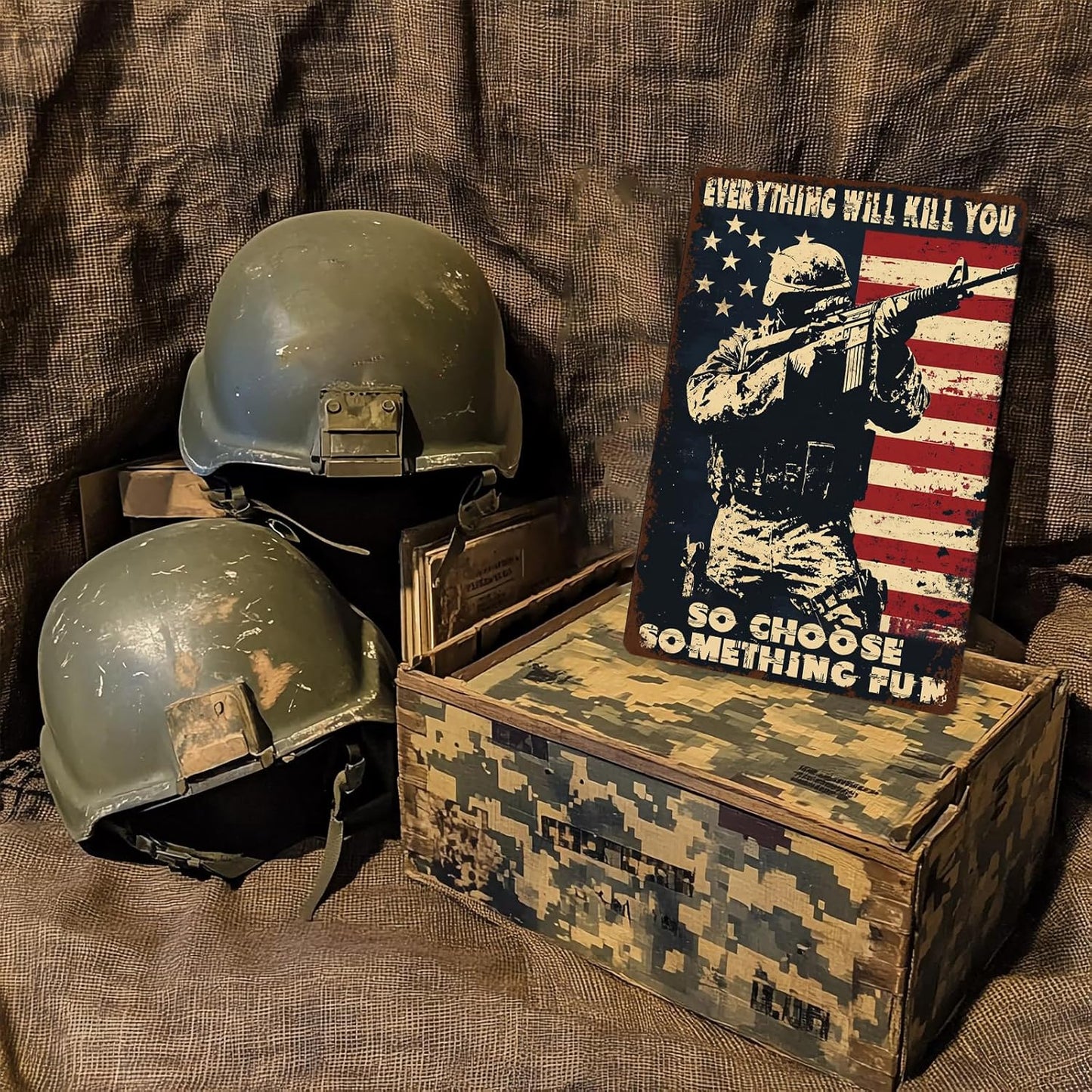 Memorial Day Metal Tin Sign U.S Army Everything Will Kill You So Choose Something Fun Aluminium Sign Veteran Metal Poster 16x12 Inch Home Kitchen Garage Man Cave Coffee Bar Wall Decor