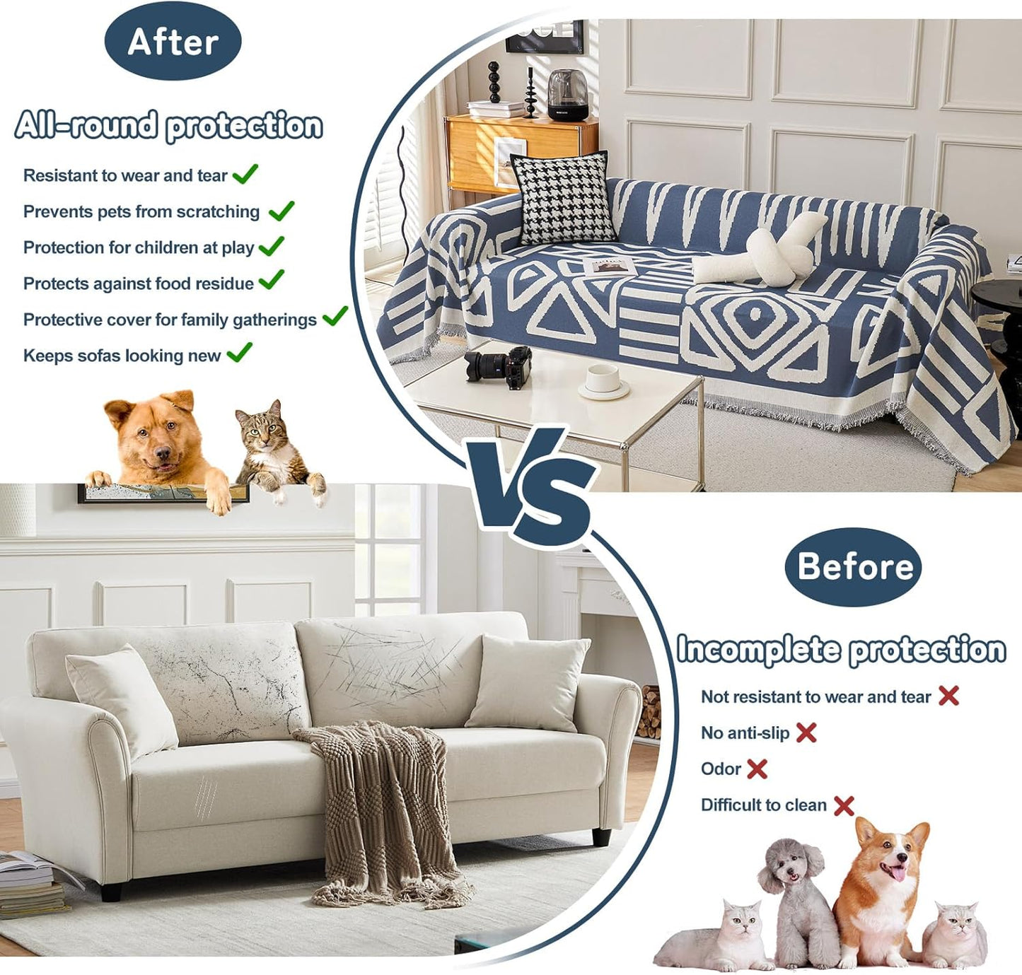 HANDONTIME Boho Couch Covers for Sofa Chenille Sofa Covers Denim Blue Sofa Cover Blanket Sectional Sofa Cover Geometric Reversible Couch Cover for L Shaped Couch Protector for Dogs, 71" X102"