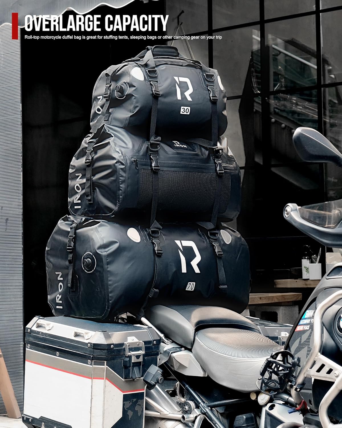 IRON JIA'S Motorcycle Dry Bag - Waterproof Duffle & Luggage Tail Bag Saddle Bags with Roll Top Closure, Shoulder Straps, Inner Pocket and Mesh Pocket (Purple, 50L)