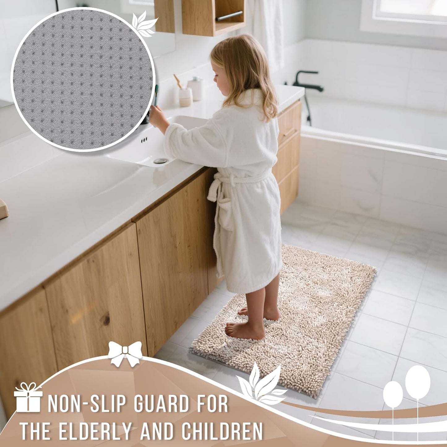 Yimobra Large Bathroom Rug Non Slip 36x24 Inch, Extra Thick Soft Absorbent Chenille Bath Mat, Machine Washable Quick Dry Bath Rugs for Bathroom Floor, Tub and Shower, Home Decor Accessories, Khaki