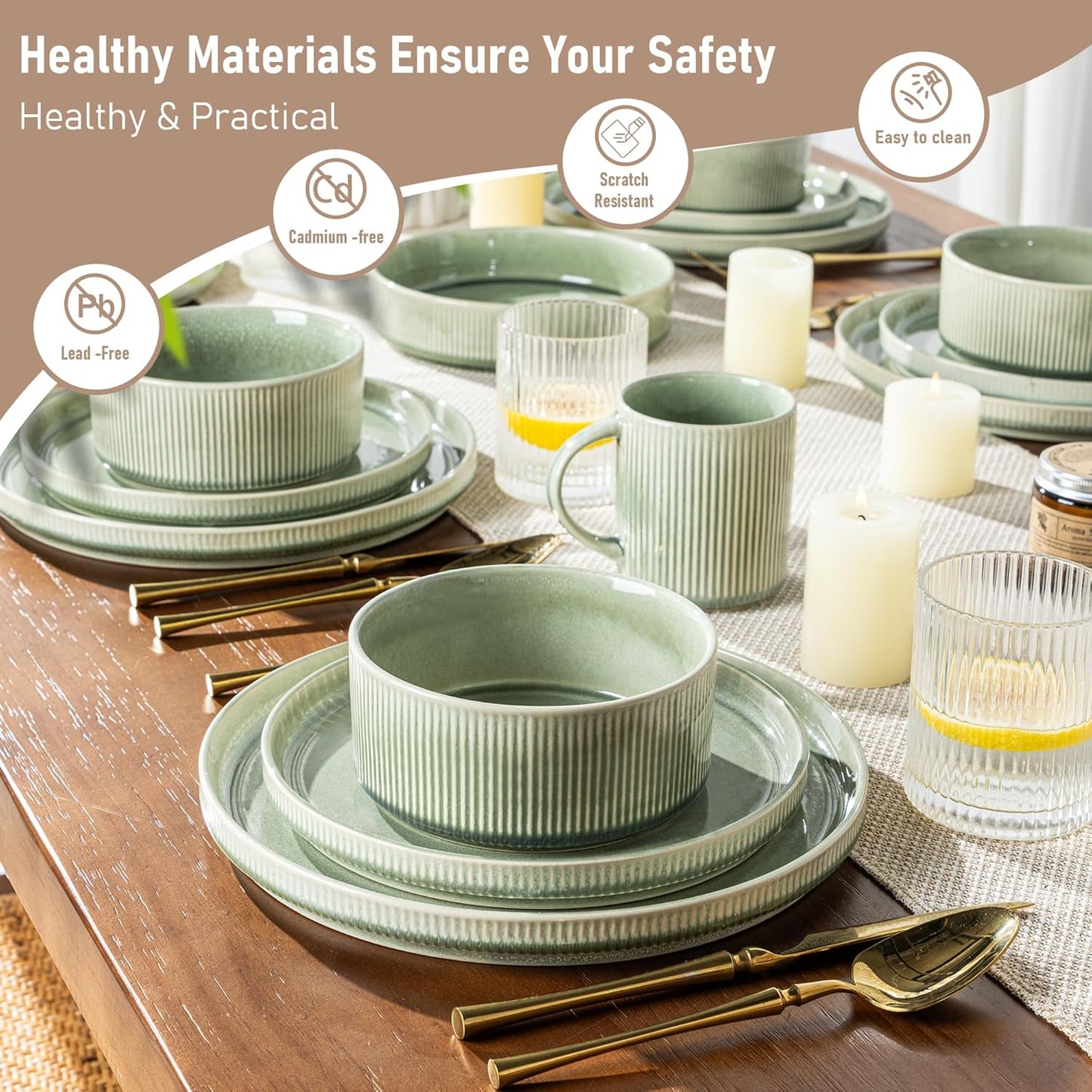 GBHOME Stoneware Dinnerware Sets for 6,Round Reactive Glaze Ceramic Plates and Bowls Set,Highly Scratch Resistant | Dishwasher & Microwave Safe Dishes Set,Service for 6(18Pcs)