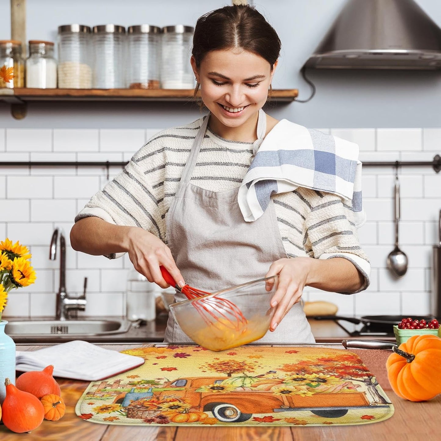 Sanwarm Absorbent Dish Drying Mat, Fall Truck Pumpkin Microfiber Pad for Kitchen Counter, Tree Leaf for Coffee Bar Decor, Heat Resistant and Reversible, 18" x 24"