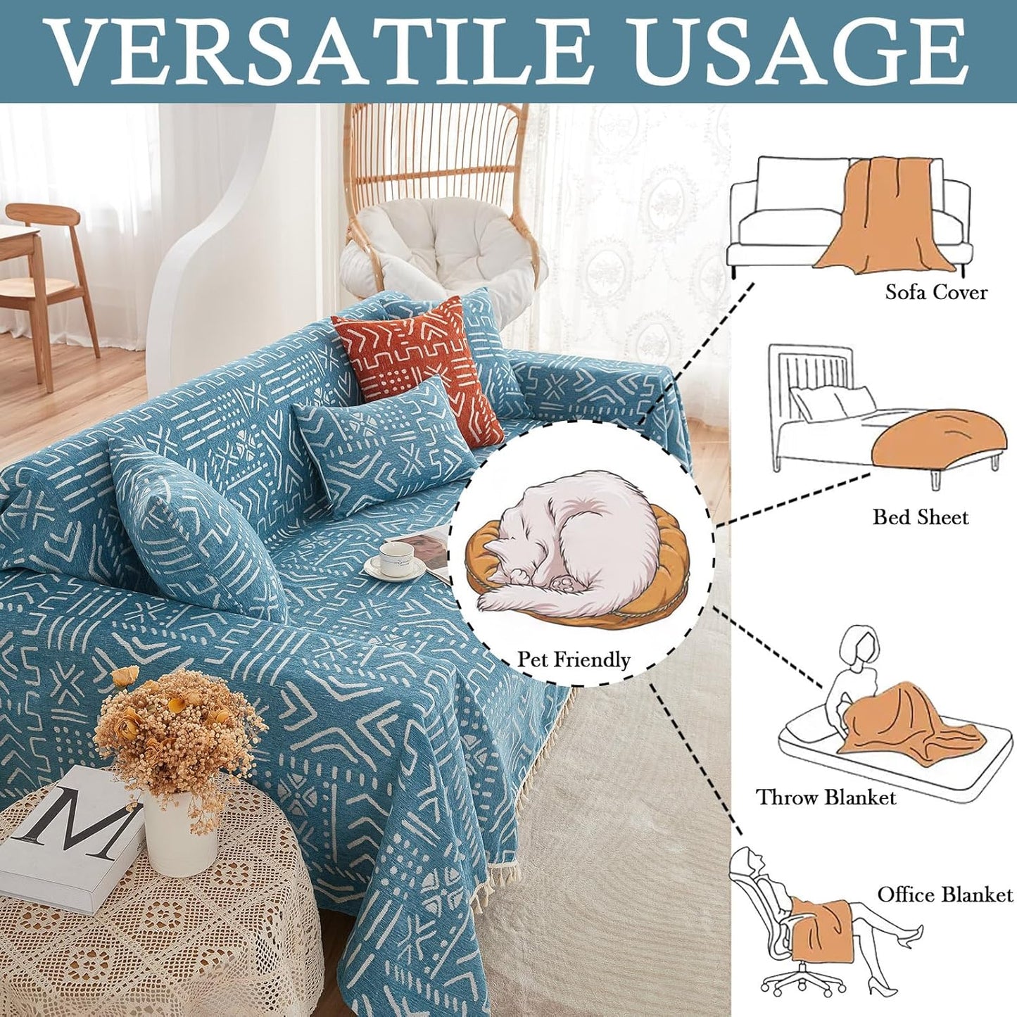 HANDONTIME Turquoise Couch Protector for Dogs Boho Tassel Blue Couch Cover Farmhouse Sofa Covers Aztec Tribal Couch Covers for 3 Cushion Couch Sofa Universal Sofa Slipcover for Home dรฉcor, 71" X150"