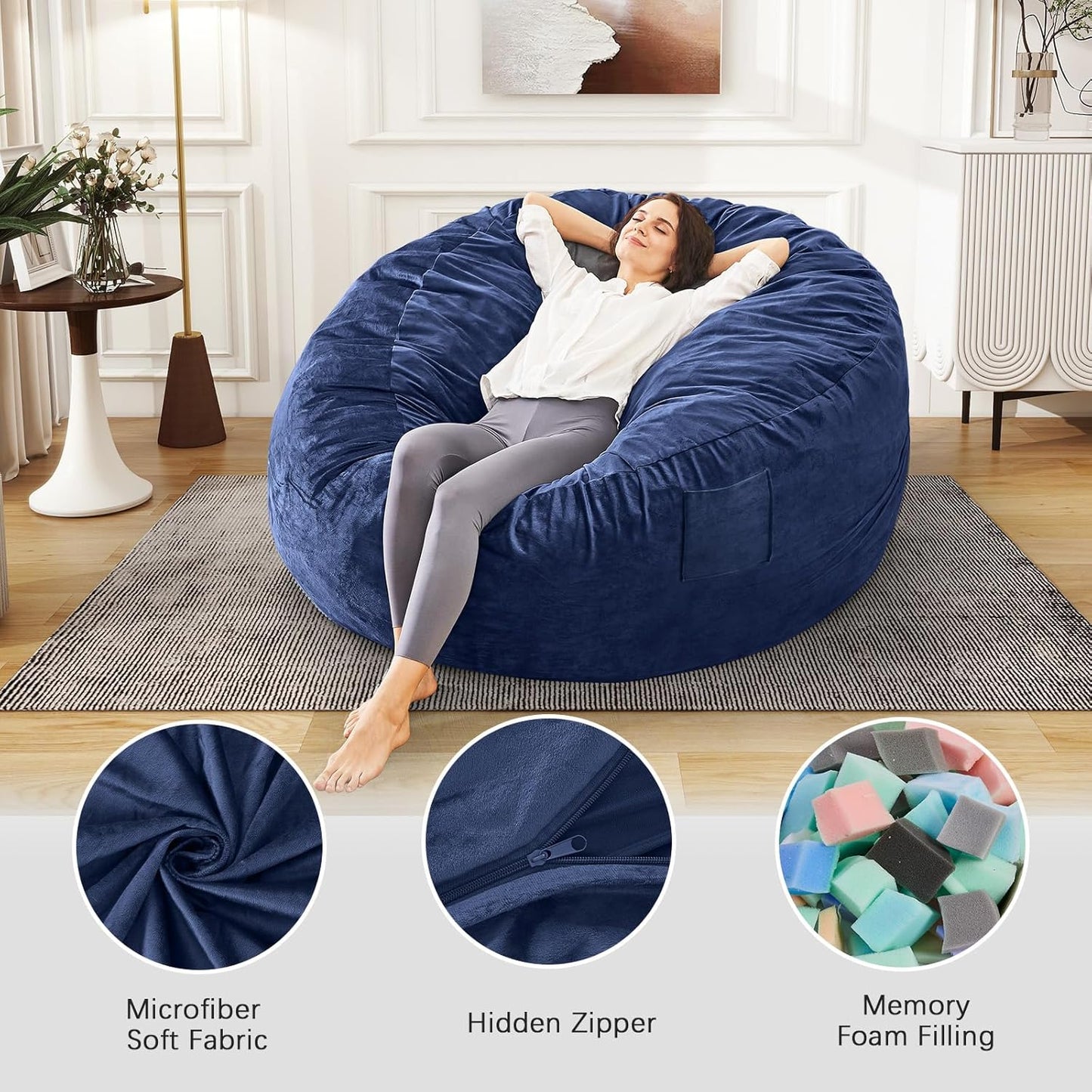 Bean Bag Chairs for Adults - Giant Bean Bag Chair Convertible Bean Bag Bed - Beanbag Chair with Micro Fiber Cover/Furniture Foam Filler - Floor Couch Sofa in Bedroom Dorm Room - Queen Navy Blue