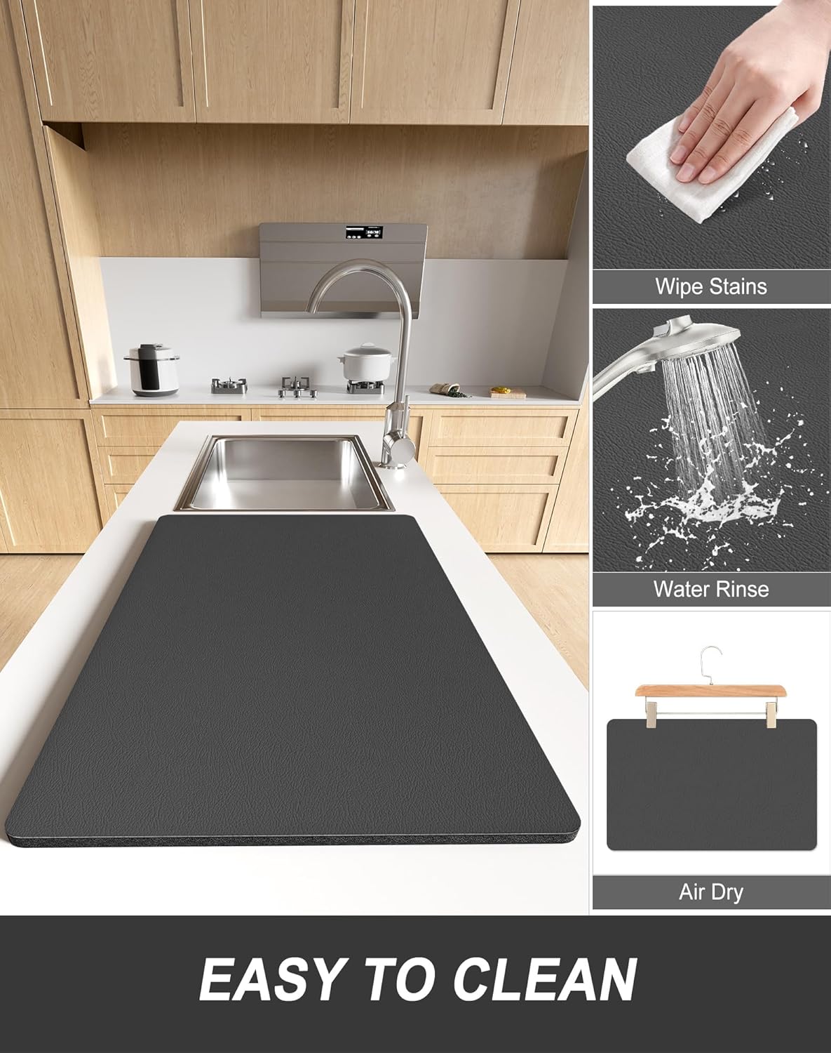 Rnivvi Dish Drying Mat for Kitchen Counter, 12 x 19" Super Absorbent Drainer Pad Easy Clean Dish Rack Pad, Non-Slip Heat Resistant Coffee Bar Mats for Coffee Machine Station Accessories Decor, Gray