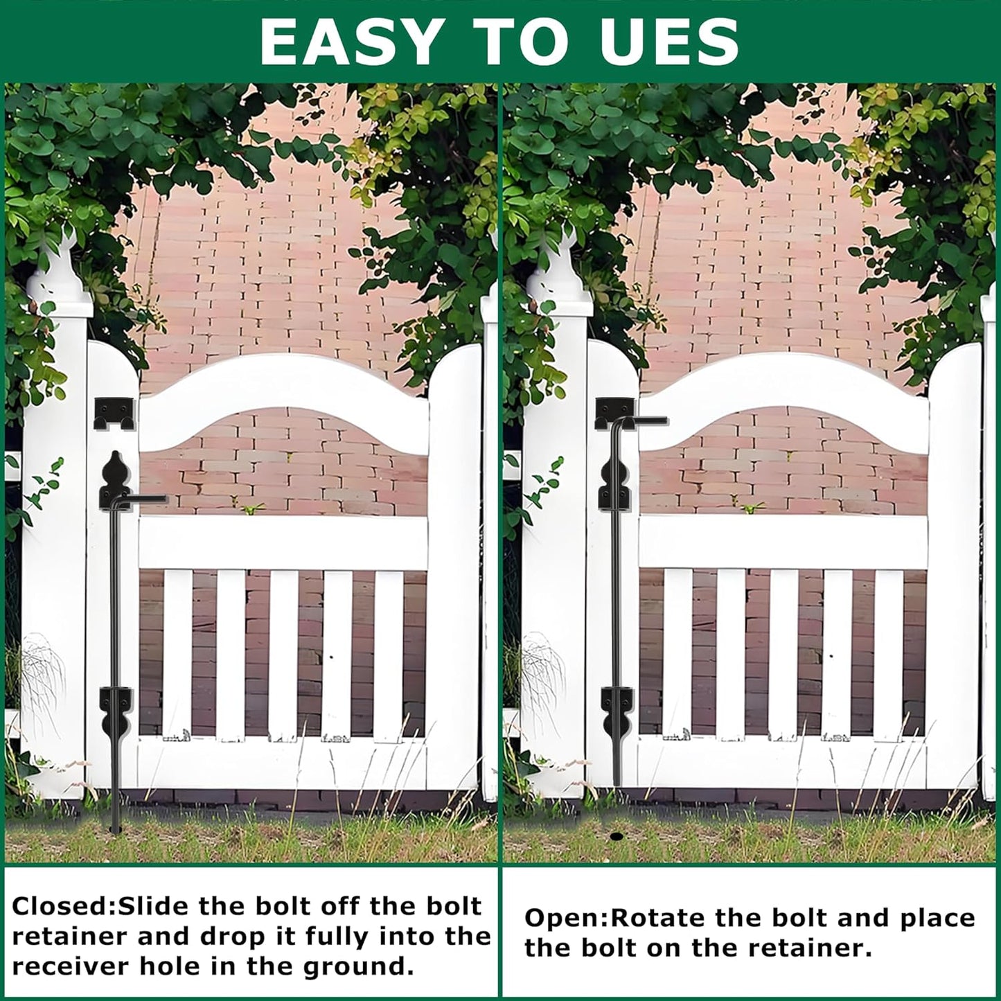 12" Heavy Duty Cane Bolt, Double Gate Latch with Black Finish, 2 Way Gate Drop Rod for Wood PVC Vinyl Metal Fences Gates, Double Doors-2 Pack
