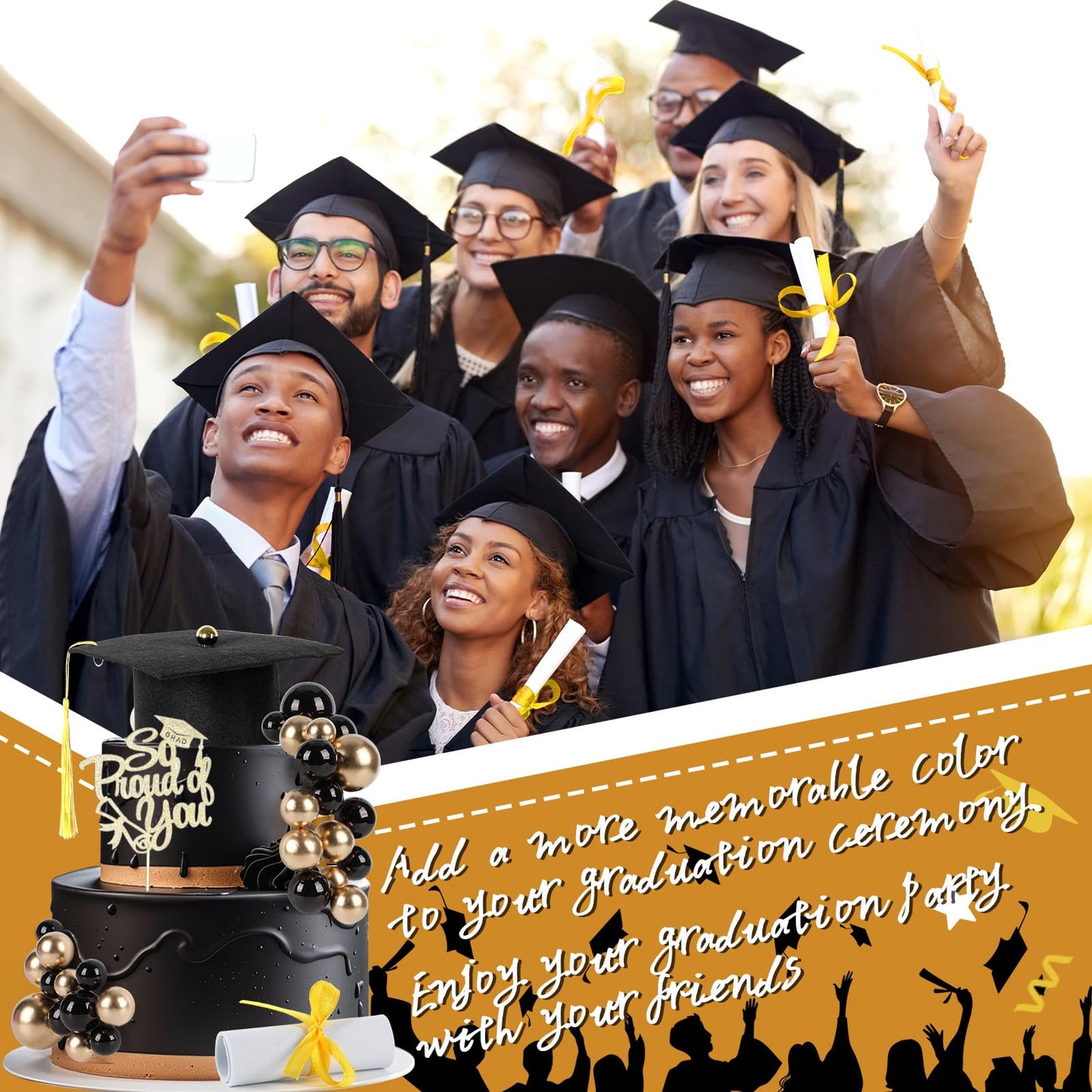 43Pcs Graduation Cake Kit Included Felt Grad Cap with Tassel Gold Black Balls Graduations Party Supplies So Proud of You Cupcake Topper for Congrats Senior High School College Parties Decor(Gold)