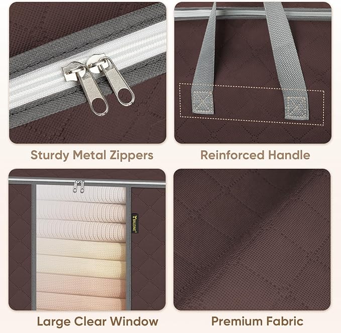 BALEINE 6 Pack Clothes Storage Bags, 16 Gallon Storage Containers with Reinforced Handle, Sturdy Zipper, Closet Organizer for Blanket, Comforter, Pillow, Bedding (Brown, 6 Pack)