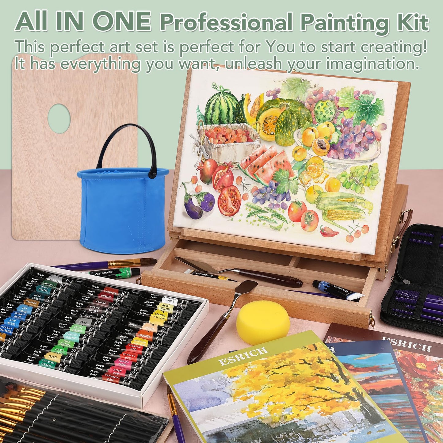 ESRICH 141PCS Deluxe Artist Painting Set, Painting Supplies with 84 Paint(Oil, Watercolor,Acrylic Paint) Metal and Wooden Easels, Canvas, Paper Pads, Paintbrushes etc. for Adults, Kids, Artists