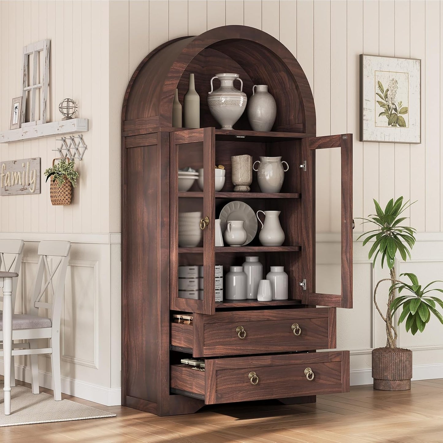 Kitchen Pantry Cabinet, Arched Bookshelf Bookcase China Pantry Storage Cabinet with Drawers Doors and Shelves,71“ Tall Food Pantry Funiture for Living Room,Dining Room (Brown)