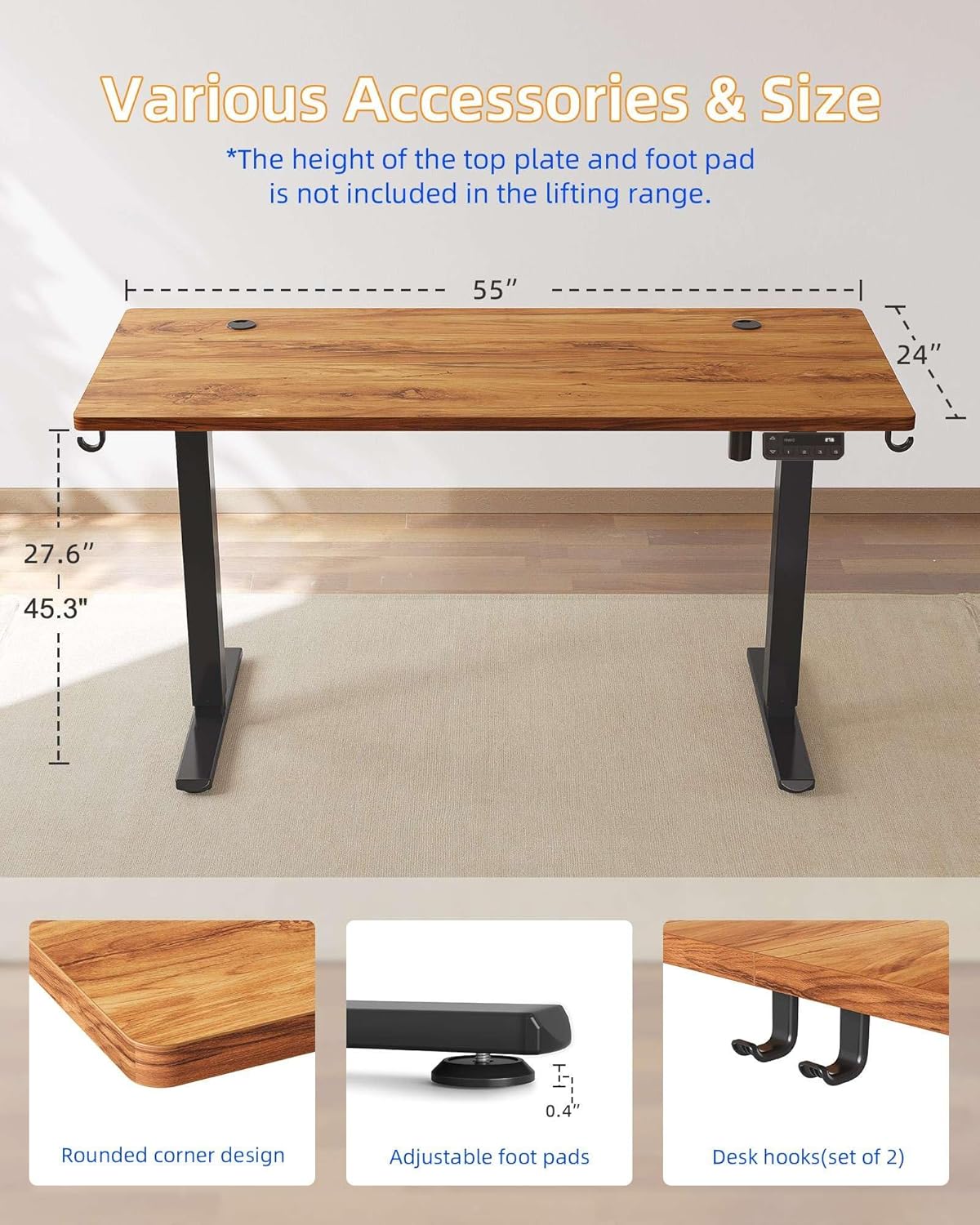 YIHAYO Electric Standing Desk, 55 x 24 Inches Stand Up Desk with Splice Board, Adjustable Height Desk, Computer Desk for Home Office, Black Frame/Rustic Brown Top