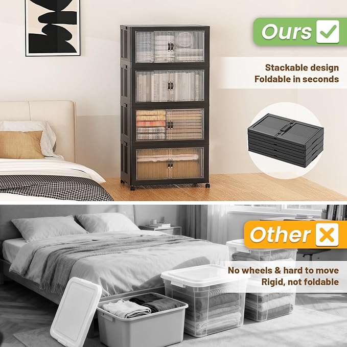 SAILUN 65Gal/260Qt Stackable Storage Bins Folding Collapsible Storage Bins with Lid, Closet Organizers and Storage Box with Door Black 22" W x 13" D x 50" H