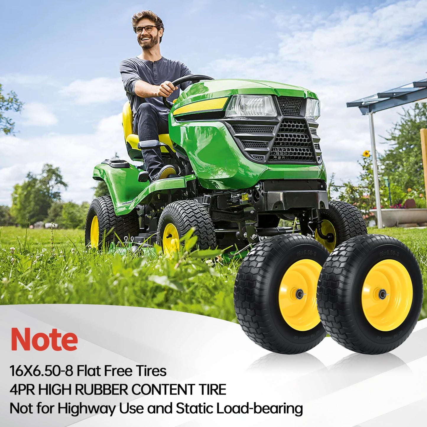 2 PCS 16x6.50-8 Flat Free Riding Lawn Mower Tire and Wheel with 1" Bushing, 3/4"Bearing,3"Offset Hub,Fit for Lawn Mowers and Garden Tractor, Solid Mower Wheel for Residential and Commercial 500 Lbs
