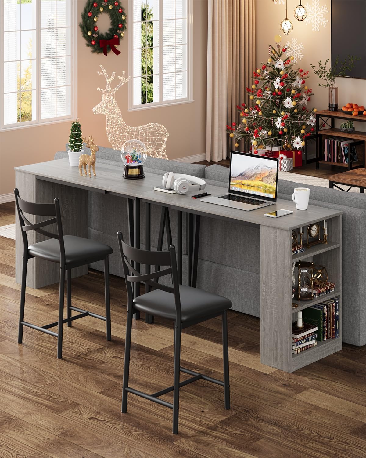 Garvee Bar Table and Chairs Set, 3 Piece Bar Table Set with with Flip Top Extension and Storage Shelves, Dining Table Set for 2, Suitable for Small Space Kitchen Apartment, Grey