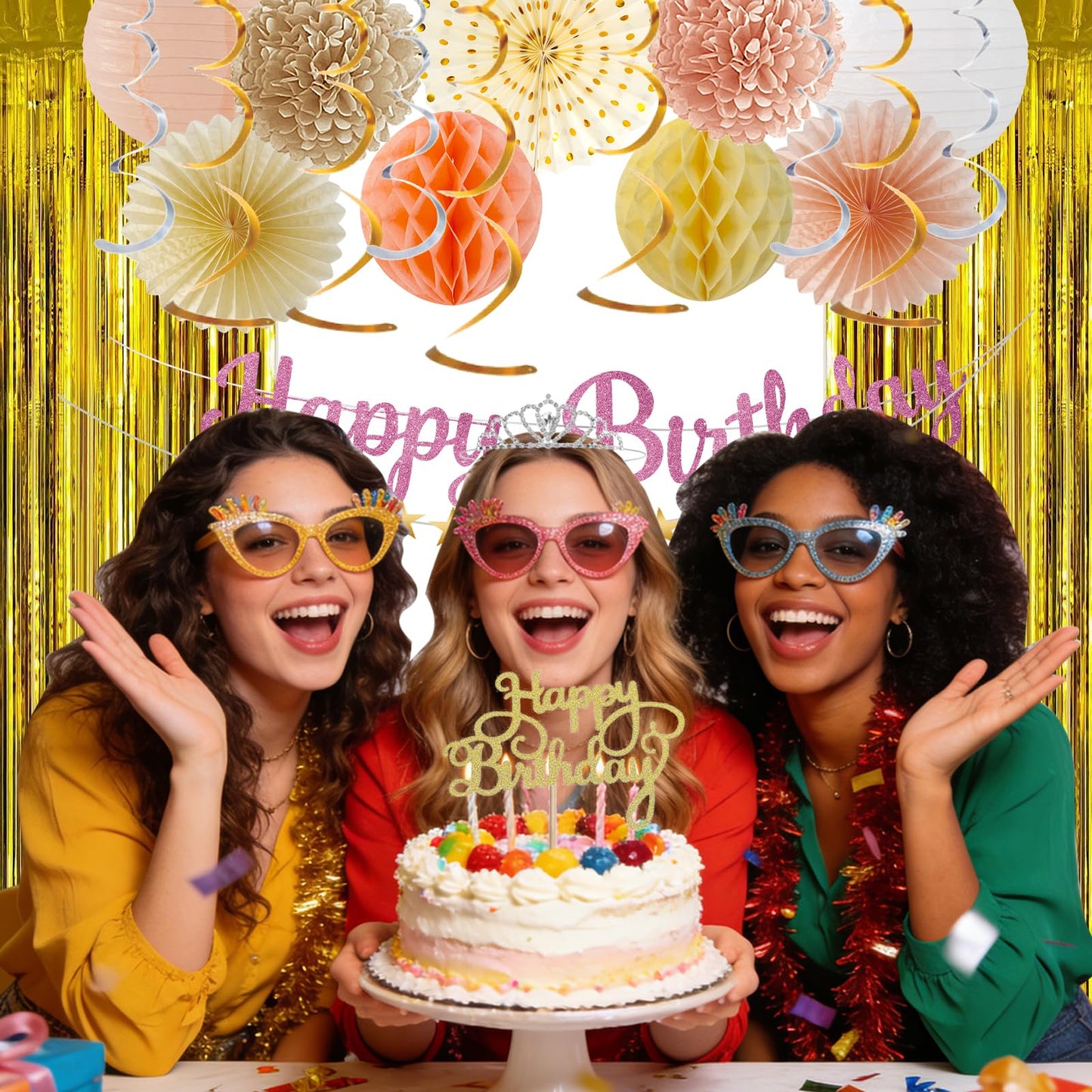 Birthday Decorations for Women Girl with Happy Birthday Sign, Banner Garland Swirls Paper Pompoms,Balloons,Fringe Curtain Suitable decor for 18th 20th 30th 40th 60th Party Supplies(Champagne Gold)
