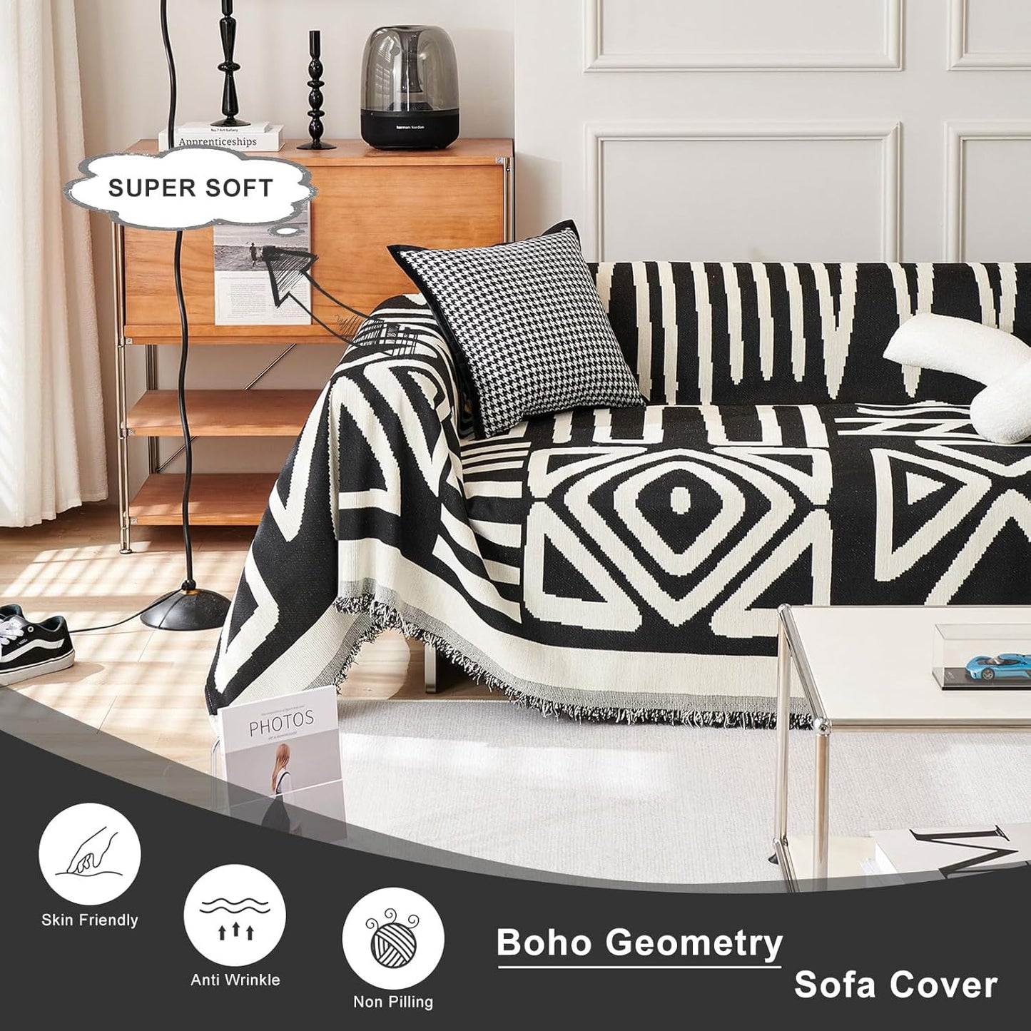 STACYPIK Boho Geometric Sofa Cover Chenille Beige Black Couch Cover for Dog Pet Friendly Couch Protector for 3-4 Cushion Couch Non-Slip Jacquard Sectional Couch Cover Tassels Sofa Slipcover-71x150IN