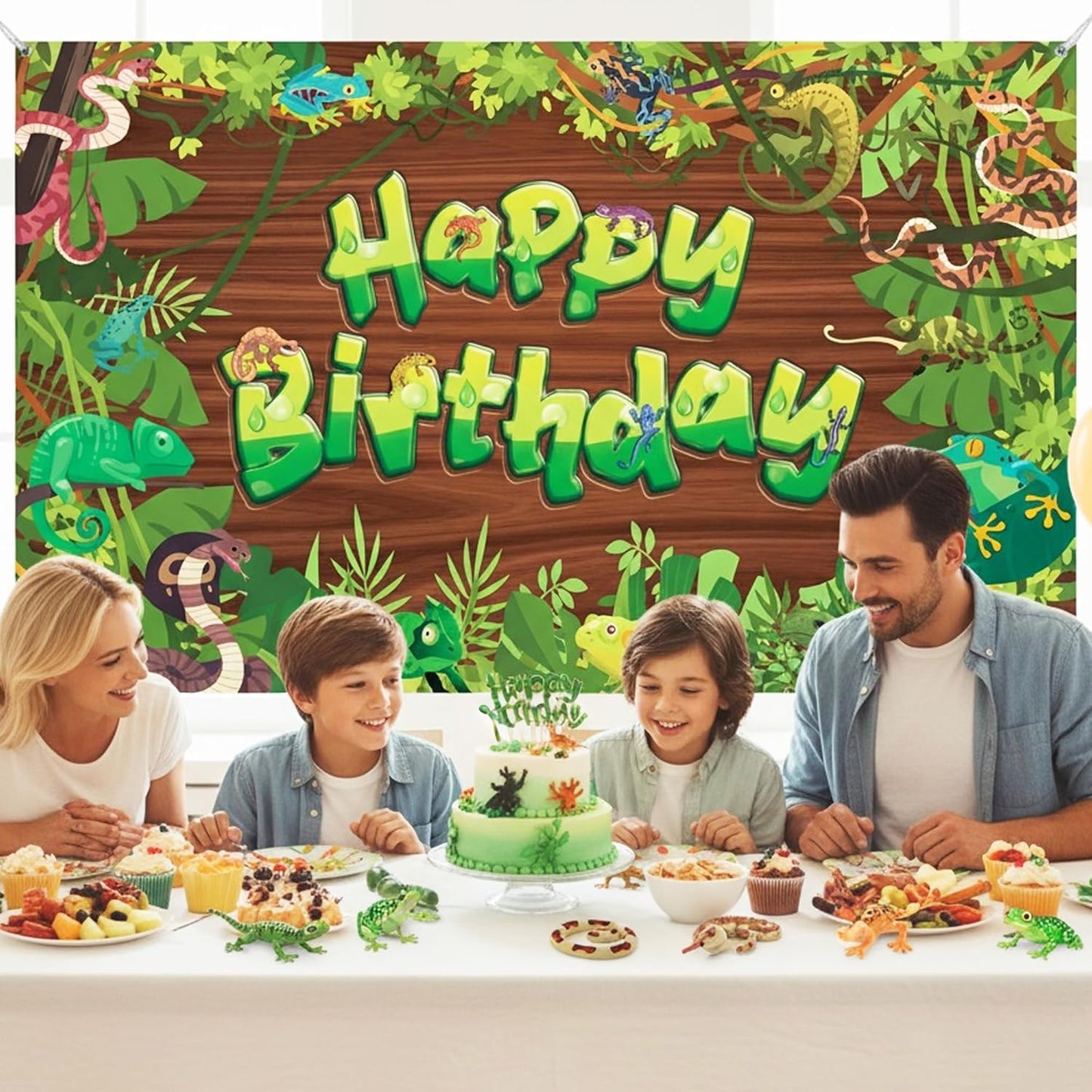 Reptile Jungle Birthday Banner Backdrop - Vinyl Photo Background with Snakes Frogs Chameleons Lizard, Reptile Theme Birthday Party Decorations for Kids Boys Girls