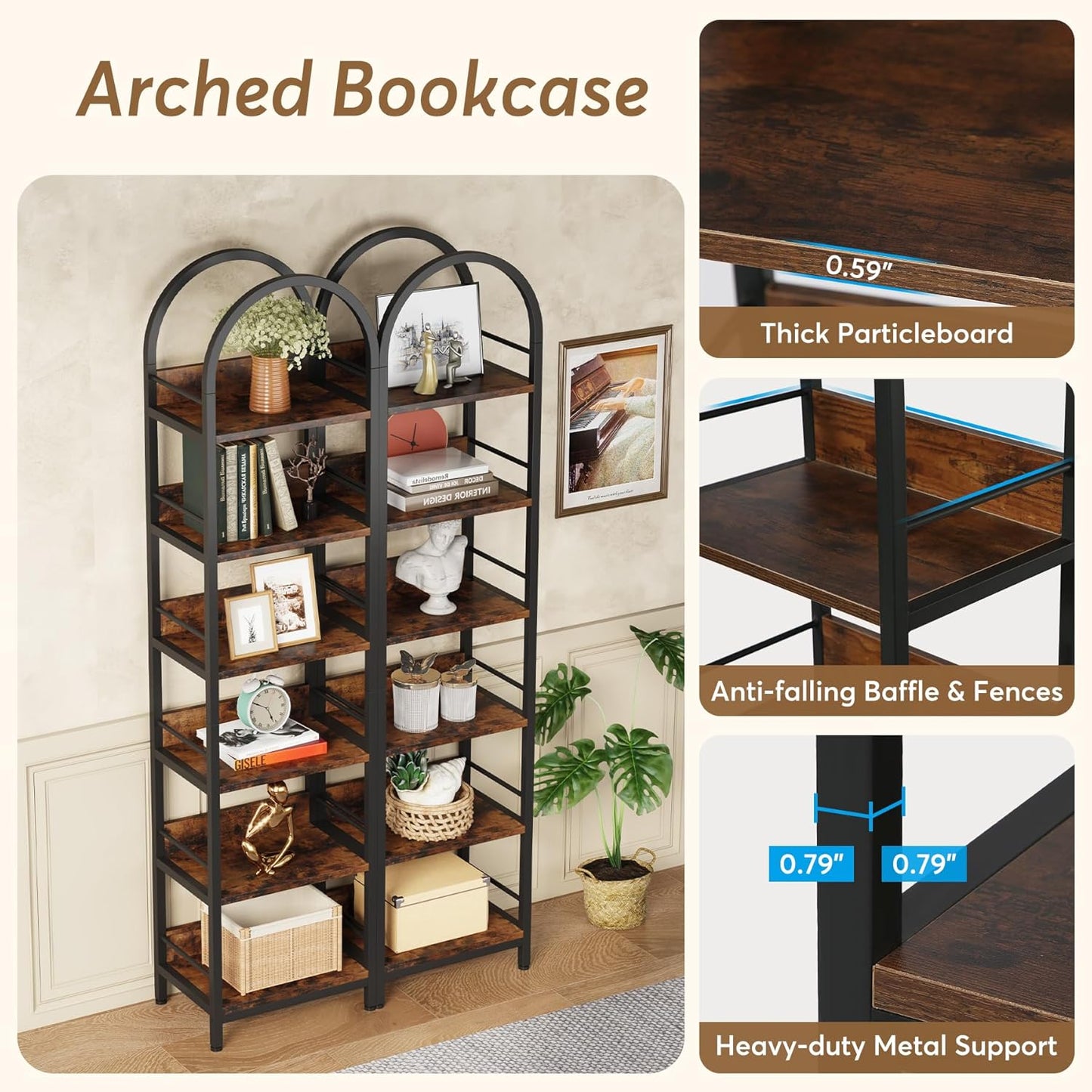 LITTLE TREE 78.7 Inches Tall Arched Bookshelf, 6 Tiers Skinny Open Bookcase with Metal Frame, Freestanding Corner Display Shelves Rack for Living Room, Home Office, Brown