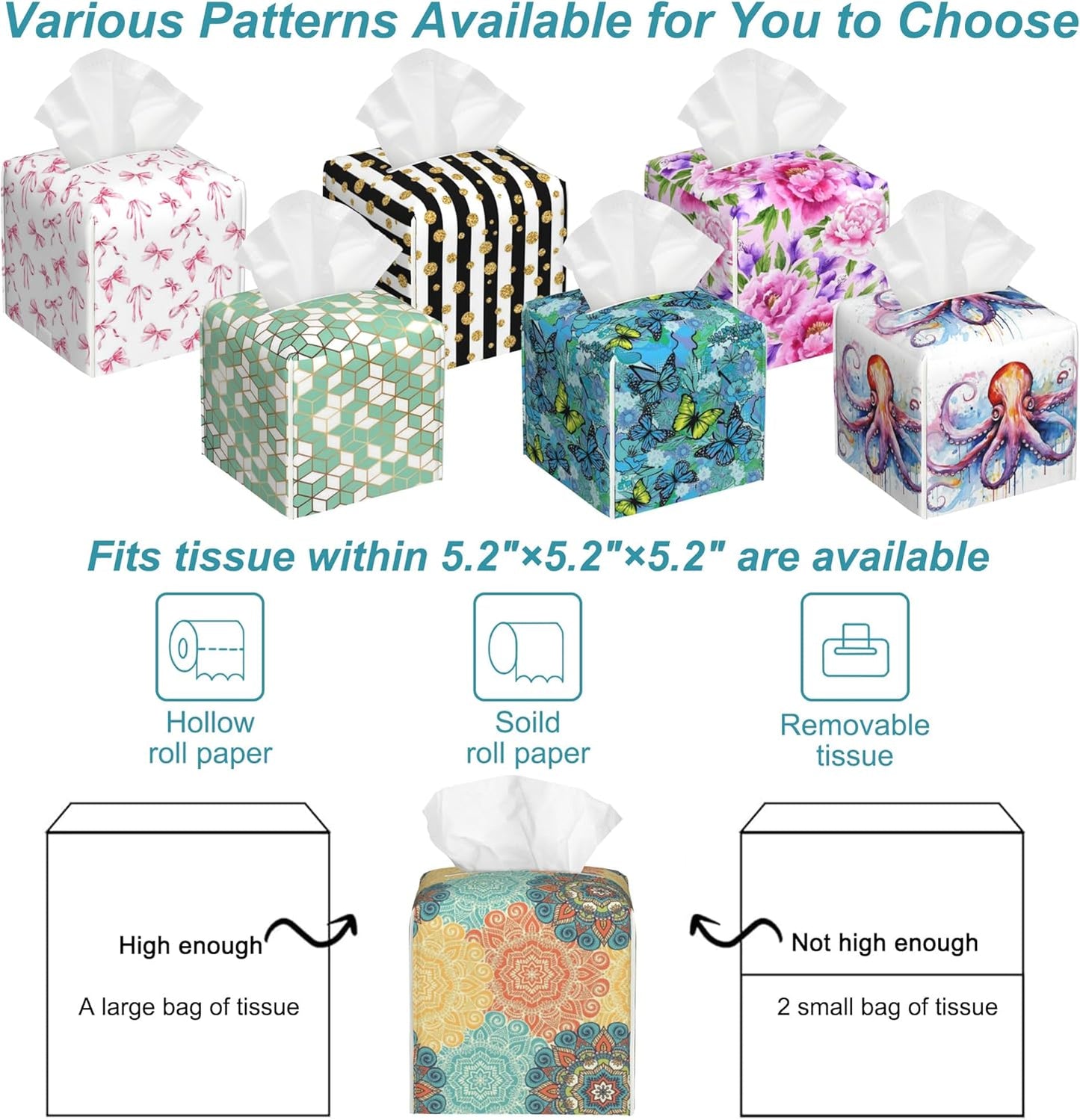 Vintage Floral Motifs Tissue Box Cover Square,Leather Tissue Holder with Bottom Belt,Waterproof Leather Facial Paper Organizer Tissue Box Cover for Office Bathroom Vanity Countertop,5.2" x 5.2" x 5.2"