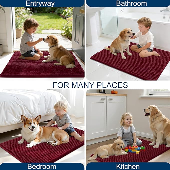 OLANLY Dog Door Mat for Muddy Paws 59x35, Ultra Absorbent Chenille Mud Doormat, Non-Slip Washable and Dirt Trapping Doormat for Indoor Entryway, Quick-Dry Indoor Pet Bed Mats for Dogs, Burgundy