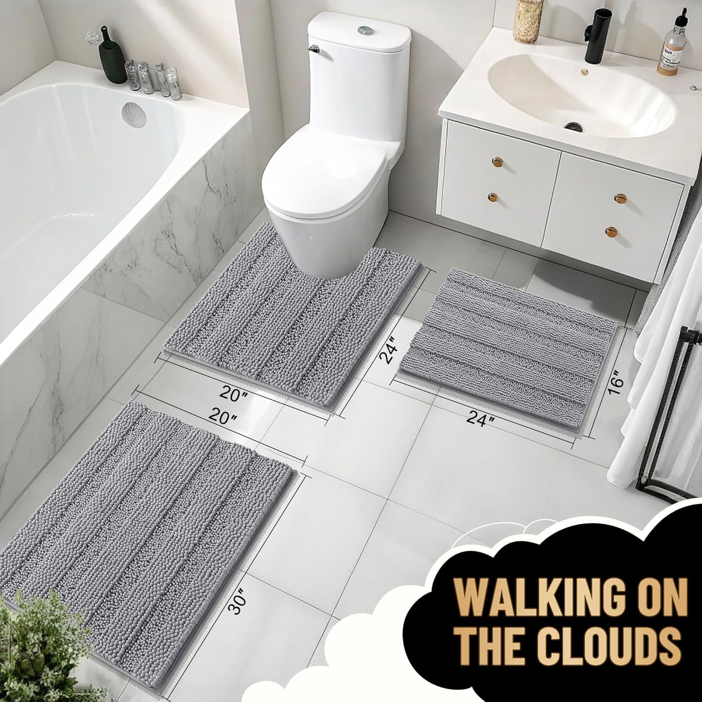OLANLY Thick Bathroom Rugs 47x20, Extra Soft Absorbent Chenille Striped Bath Rugs, Rubber Backing, Machine Wash Dry, Bath Mats for Bathroom Floor, Tub and Shower, Home Decor Accessories, Grey