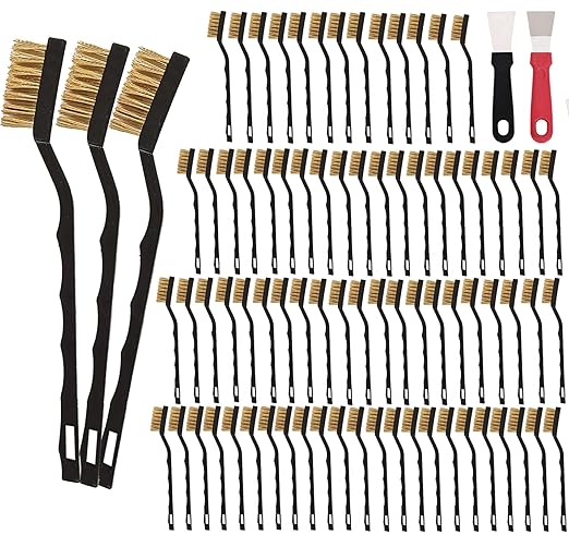 80 Pcs Mini Pure Brass Copper Wire Brush Set, Curved Handle Masonry Brush Copper Wire Brush for Cleaning Welding Slag and Rust