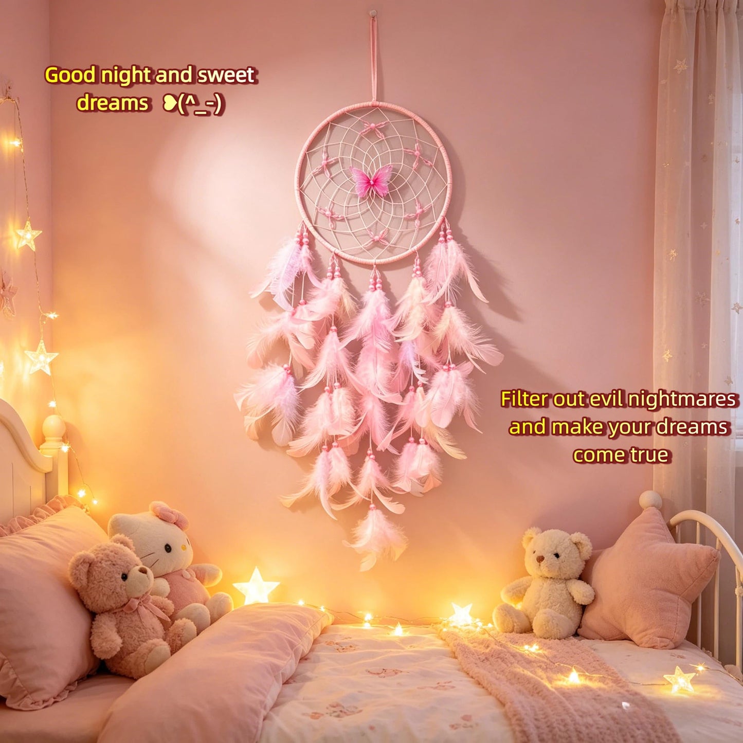 Zenwizvoy Pink Dream Catcher, Handmade Boho Wall Decor with Feathers and Butterfly, Dream Catcher for Bedroom, Nursery, Wall Hanging Ornament, Gift for Girls, Women