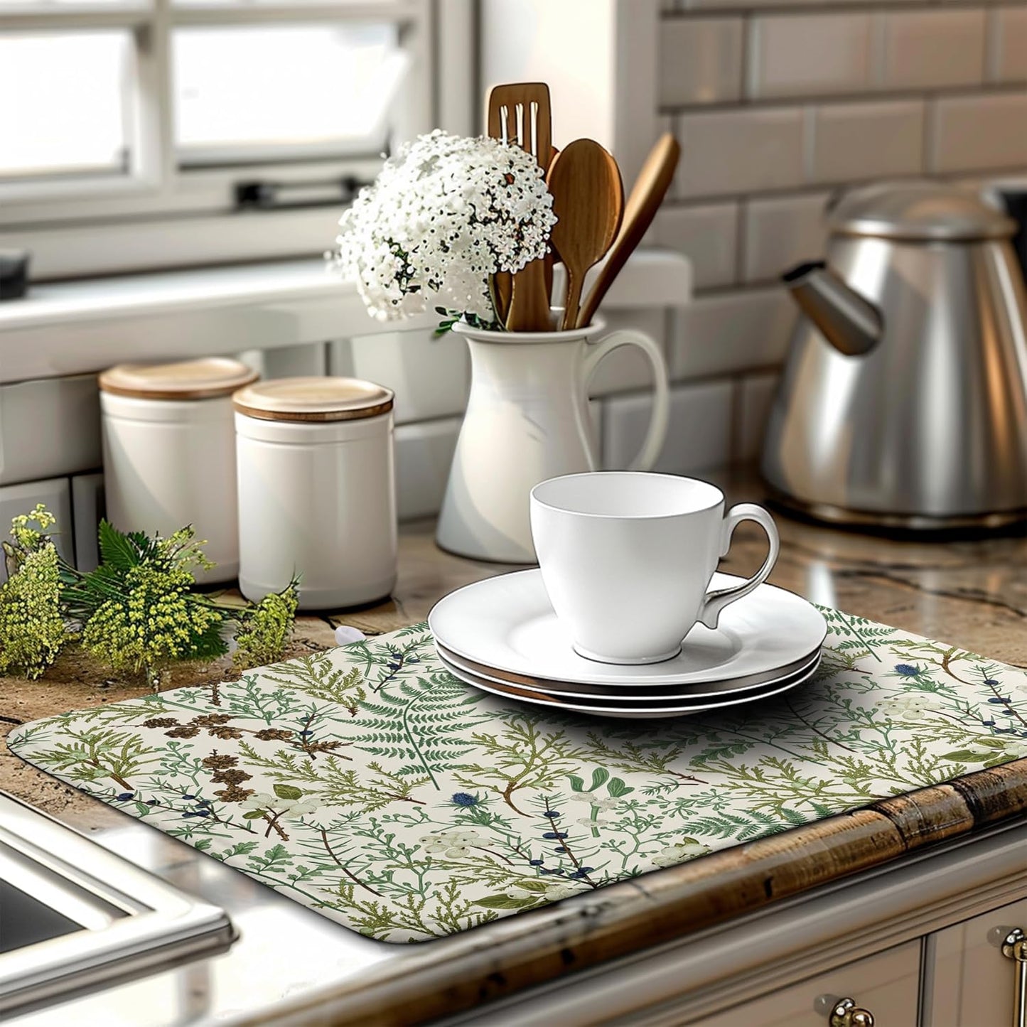 Sage Green Botanical Floral Dish Drying Mat for Kitchen Counter Vintage Herbs Fern Leaves Plant Drying Mats Absorbent Microfiber Dishes Drainer Mats Washable Dish Draining Pad Extra Large 18"x24"