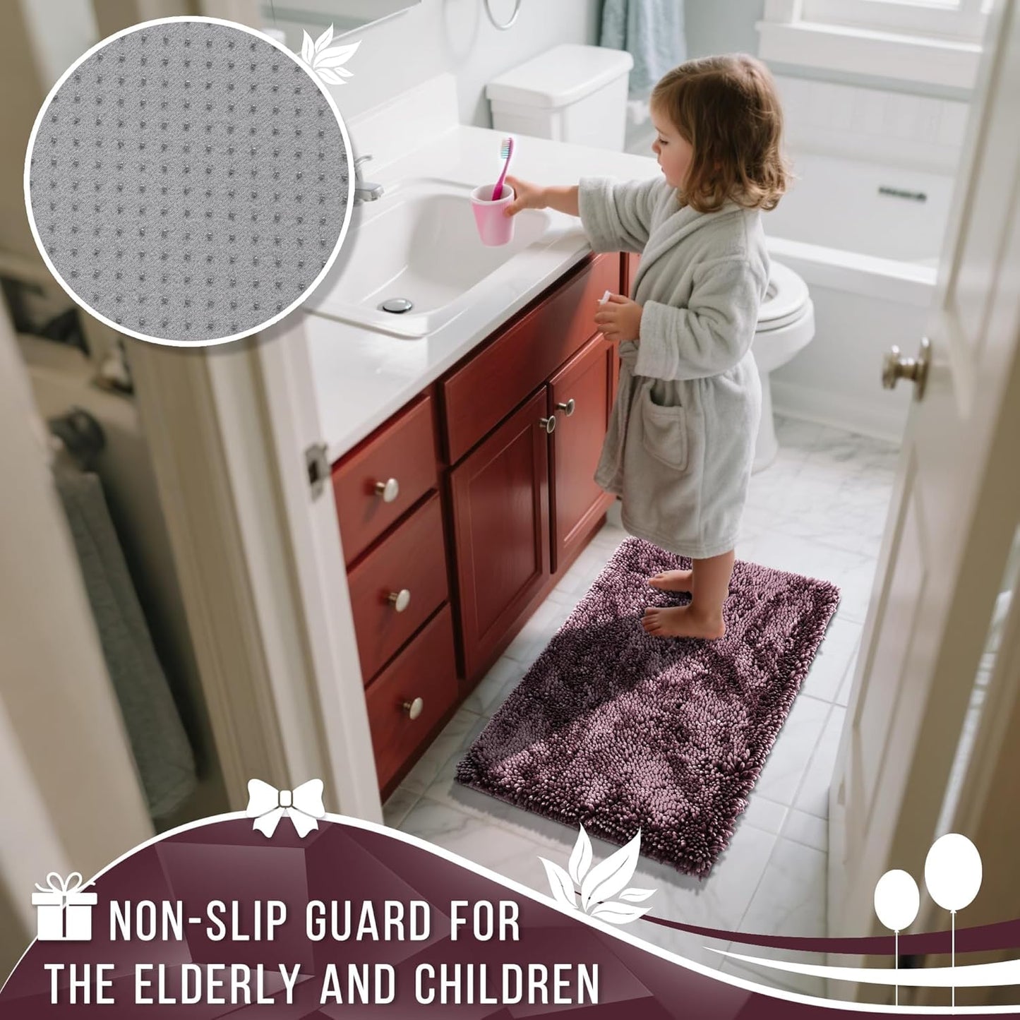 Yimobra Long Bathroom Rug Non Slip 44x24 Inch, Extra Thick Soft Absorbent Chenille Bath Mat, Machine Washable Bath Rugs for Bathroom Floor, Tub and Shower, Home Decor Accessories, Purple Grey