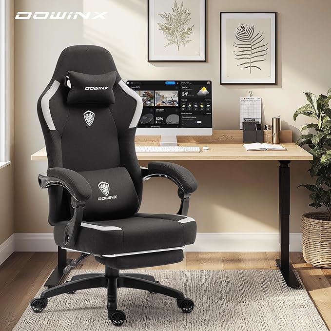 Dowinx Fabric Gaming Chair with Pocket Spring Cushion,Breathable Computer Chair with Massage Lumbar Support and Footrest,High Back Game Office Chair for Adult,Black