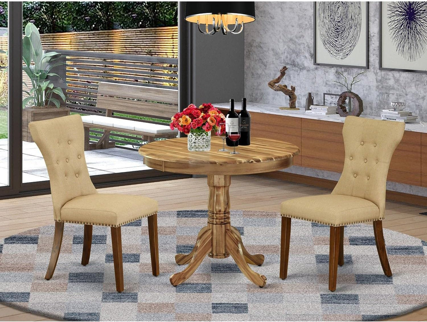 East West Furniture ANGA3-ANA-03 3 Piece Dining Table Set for Small Spaces Contains a Round Kitchen Table with Pedestal and 2 Brown Linen Fabric Parsons Chairs, 36x36 Inch, Natural