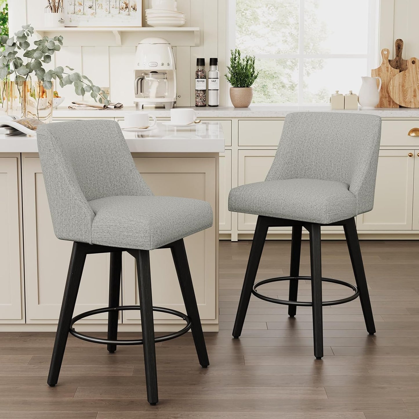 Vipbear Swivel Counter Height Bar Stools Set of 6,26.8" H Counter Stools with Back, Mid Century Modern Bar Stools for Kitchen Island,Linen Fabric,Wooden Base, Light Gray