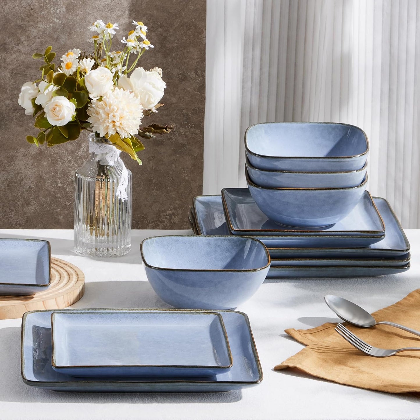 E-far Square Plates and Bowls Sets, 12-Piece Stoneware Dinnerware Sets for 4, Reactive Glaze Dish Set, Chip and Scratch Resistant, Microwave and Dishwasher Safe, Ocean Blue
