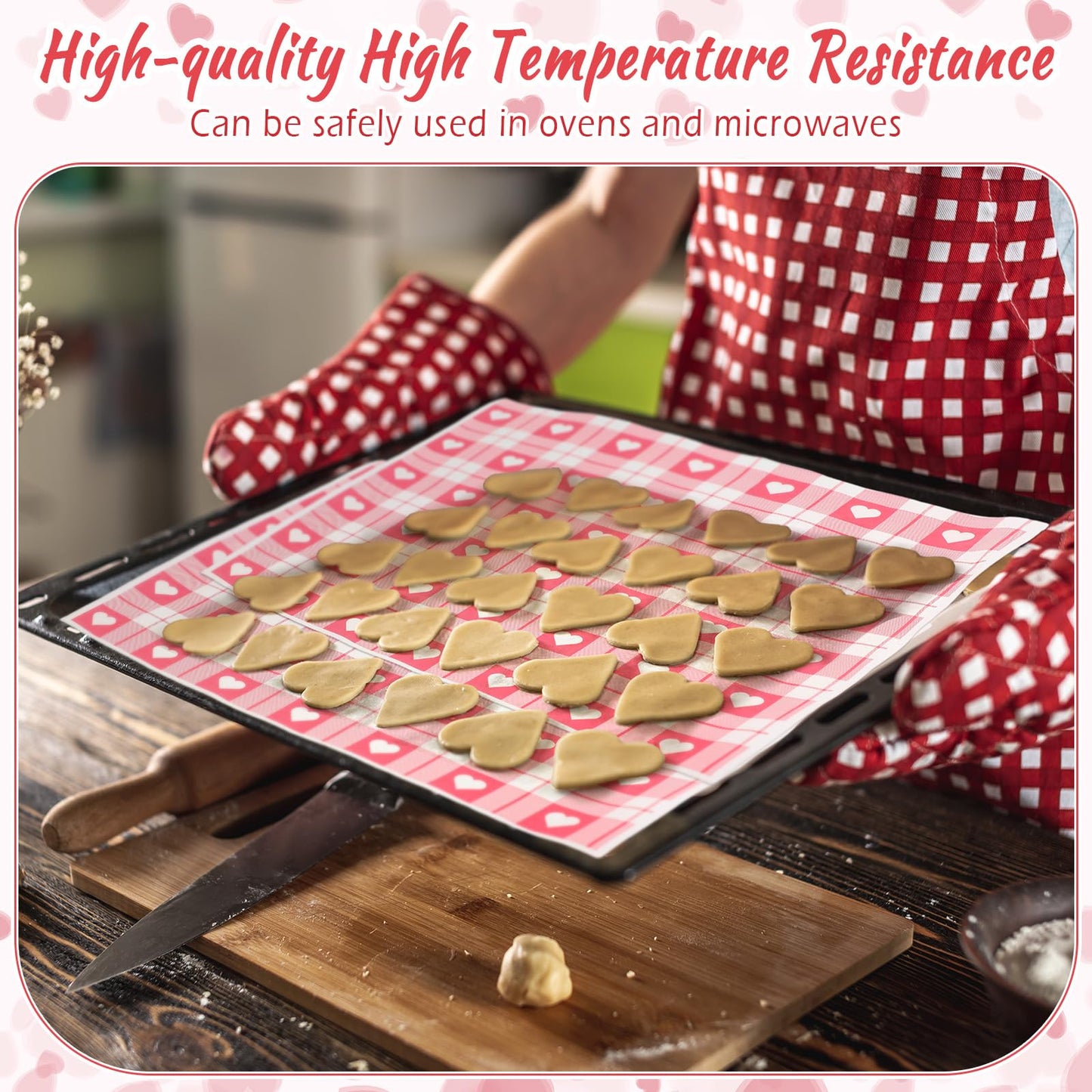 Honeydak 150 Pieces Valentines Wax Paper Sheets Heart Decorative Parchment Sheets Food Basket Liner Greaseproof Paper Liners for Baking Valentines Day Party Favors(Pink Plaid Heart)
